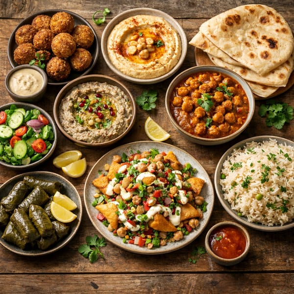 A wooden table laden with various Mediterranean dishes, including falafel, hummus, rice, and salads.