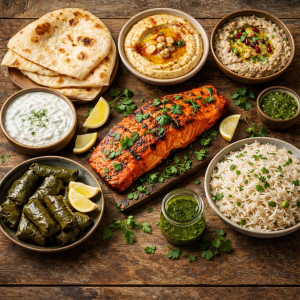 A Mediterranean feast with grilled salmon, hummus, baba ghanoush, rice, stuffed grape leaves, and flatbread.