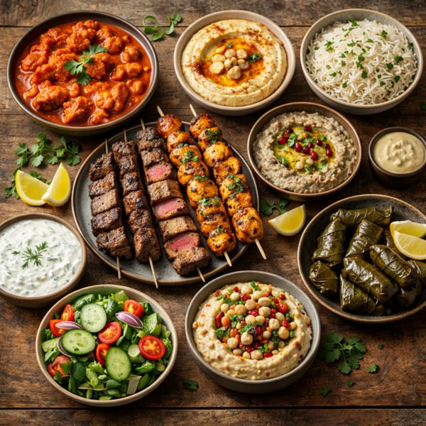 A vibrant spread of Mediterranean dishes, including kebabs, hummus, rice, salad, and stuffed grape leaves.